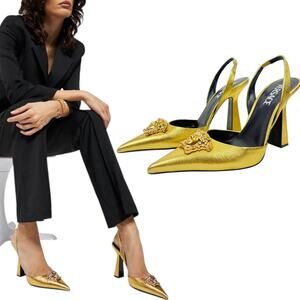 Versace La Medusa Slingback Leather Pumps Gold Size 38.5